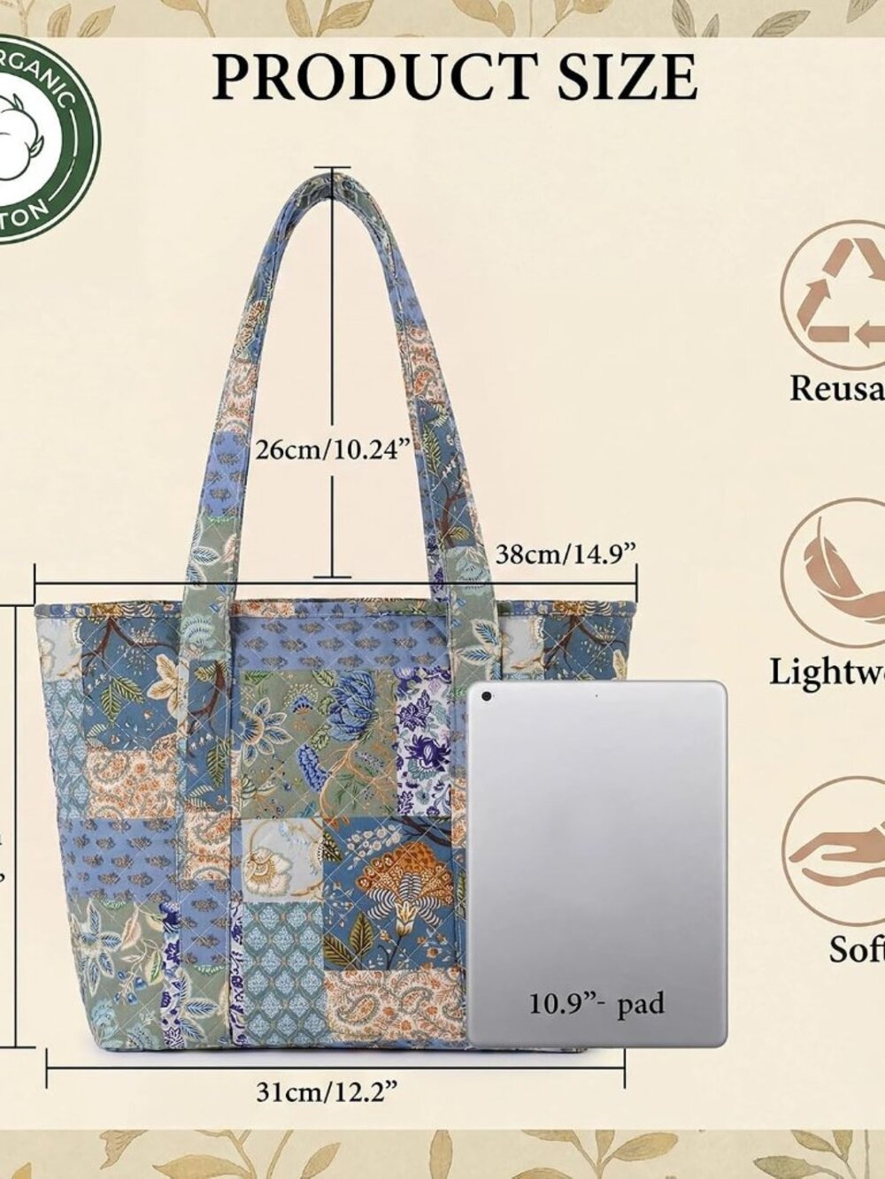 Quilted Tote Bag for Women Small Vintage Floral Shoulder Bag Handbag with Zipper - Picture 4 of 7